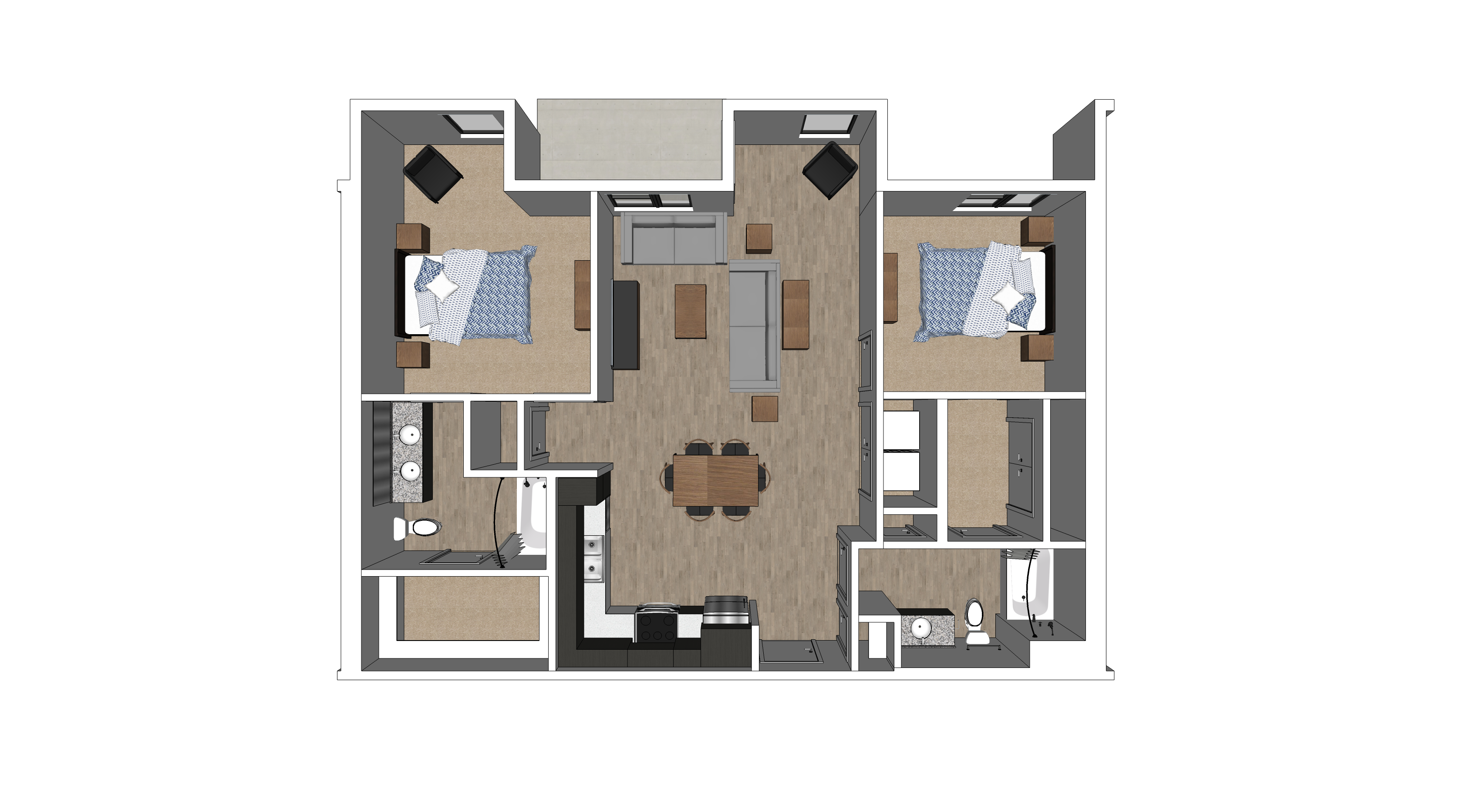 Floor plan for 2 beds, 2 baths, 1131 sqft