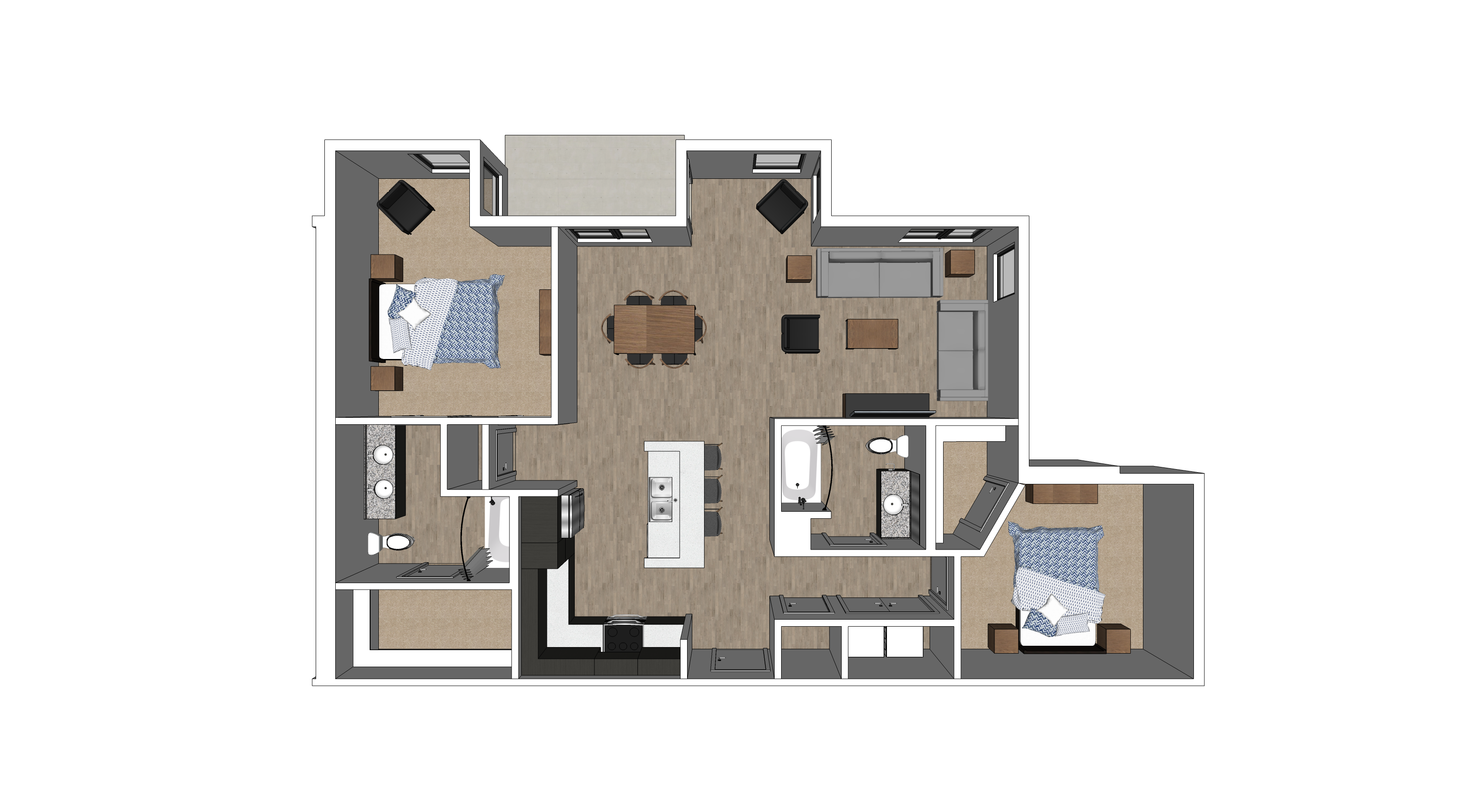 Floor plan for 2 beds, 2 baths, 1255 sqft