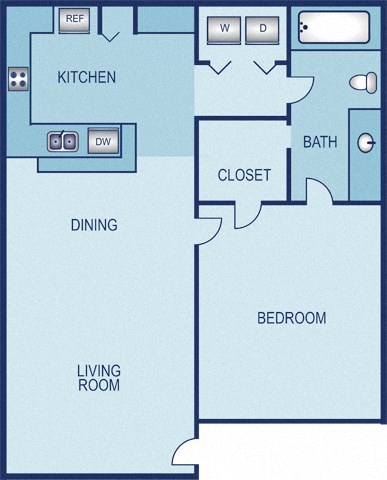 Floor plan for 1 bed, 1 bath, 708 sqft