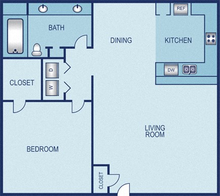 Floor plan for 1 bed, 1 bath, 810 sqft