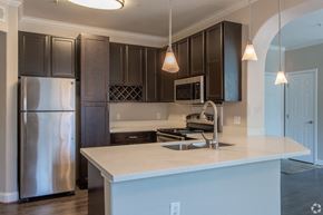Houston apartment for rent - a kitchen with a large island and stainless steel refrigerator