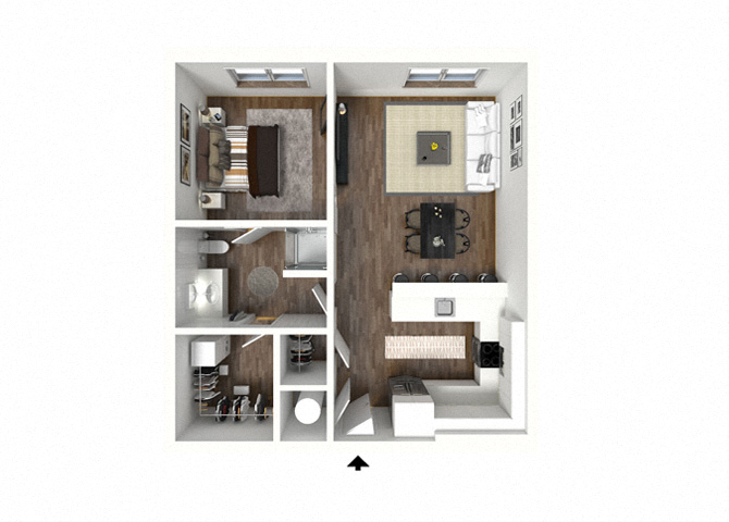 Floor plan for 1 bed, 1 bath, 765 sqft