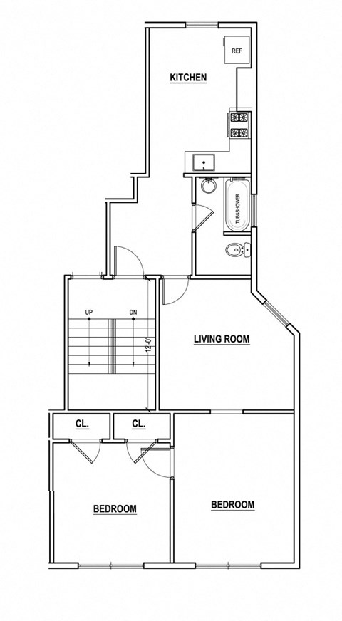 Floor plan for 2 beds, 1 bath, 773 sqft