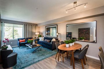 San Jose apartment for rent - A living room with a blue rug and a wooden table.