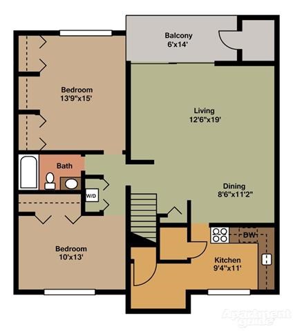 Floor plan for 2 beds, 1 bath, 950 sqft