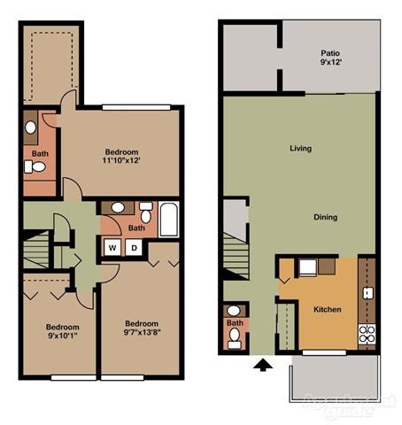 Floor plan for 3 beds, 2.5 baths, 1250 sqft