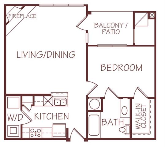 Floor plan for 1 bed, 1 bath, 690 sqft