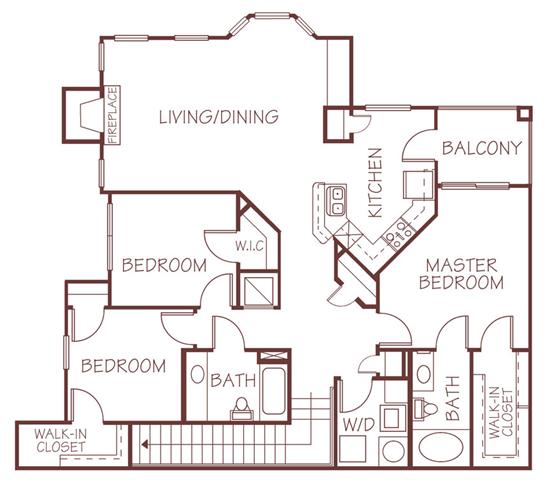 Floor plan for 3 beds, 2 baths, 1349 sqft