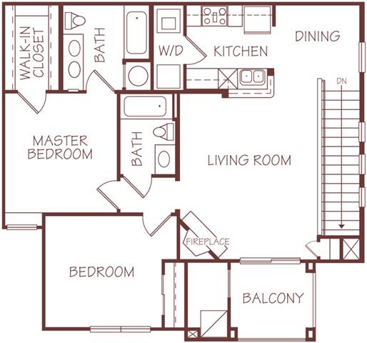 Floor plan for 2 beds, 2 baths, 1030 sqft