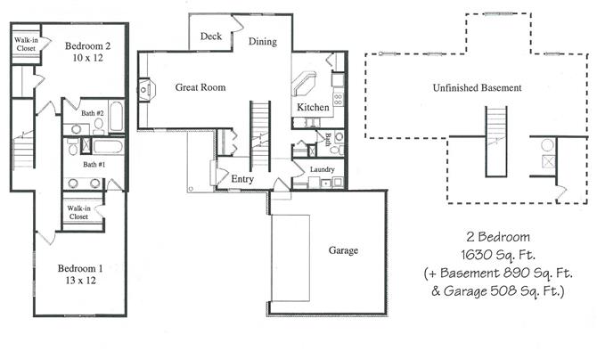 Floor plan for 2 beds, 2.5 baths, 1630 sqft