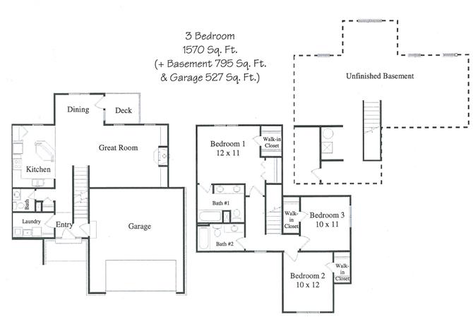 Floor plan for 3 beds, 2.5 baths, 1570 sqft