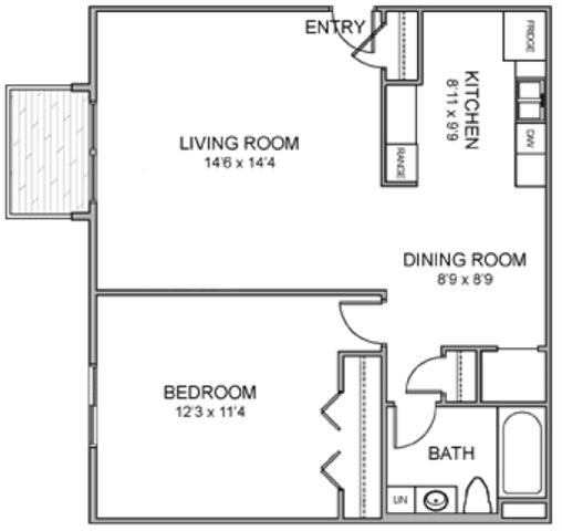 Floor plan for 1 bed, 1 bath, 650 sqft