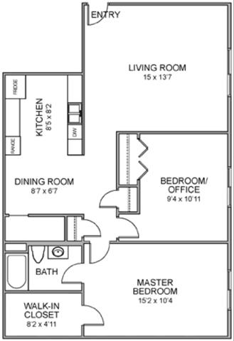 Floor plan for 2 beds, 1 bath, 780 sqft