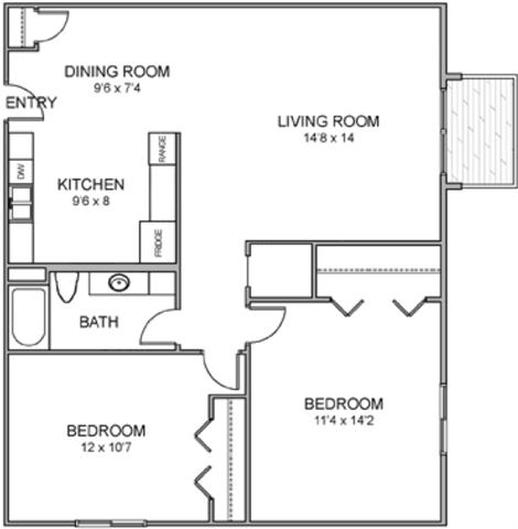 Floor plan for 2 beds, 1 bath, 800 sqft