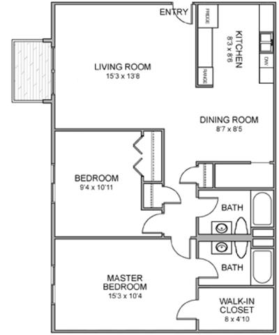 Floor plan for 2 beds, 2 baths, 850 sqft