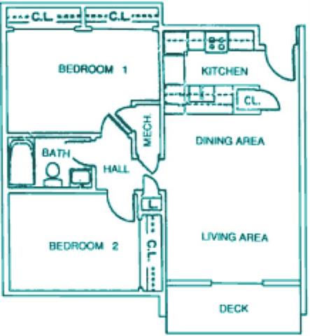 Floor plan for 2 beds, 1 bath, 847 sqft