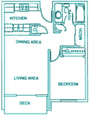 Floor plan for 1 bed, 1 bath, 600 sqft
