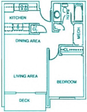Floor plan for 1 bed, 1 bath, 599 sqft
