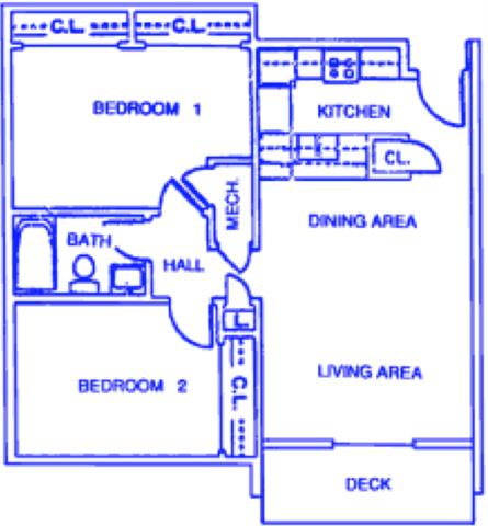 Floor plan for 2 beds, 1 bath, 845 sqft