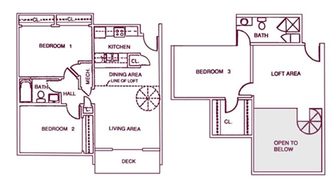 Floor plan for 3 beds, 2 baths, 1333 sqft