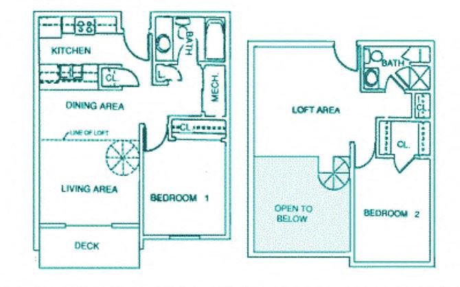 Floor plan for 2 beds, 2 baths, 1030 sqft
