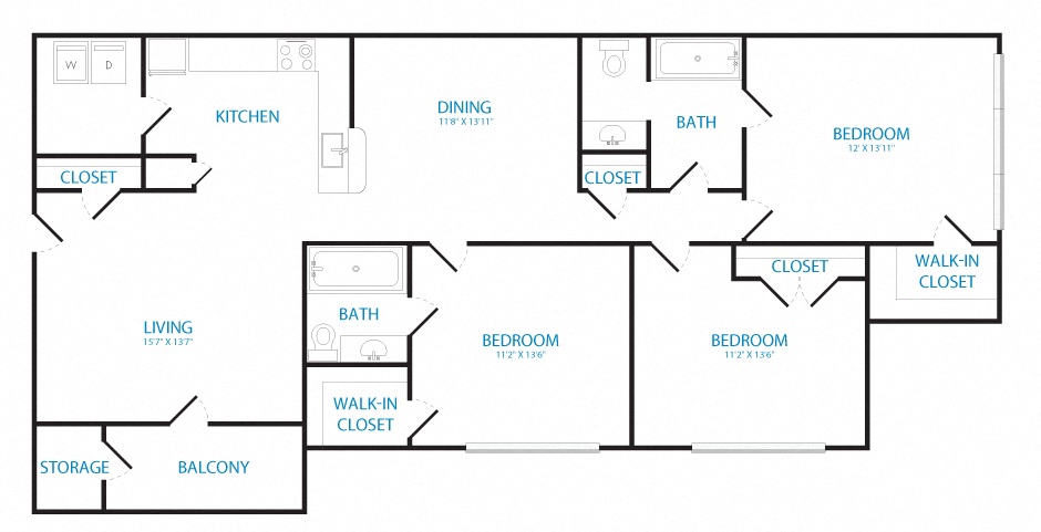 Floor plan for 3 beds, 2 baths, 1324 sqft