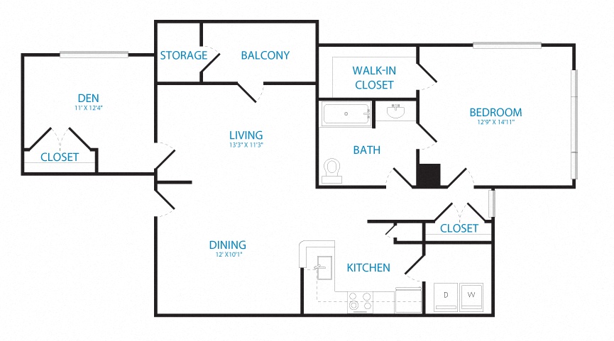 Floor plan for 1 bed, 1 bath, 1026 sqft
