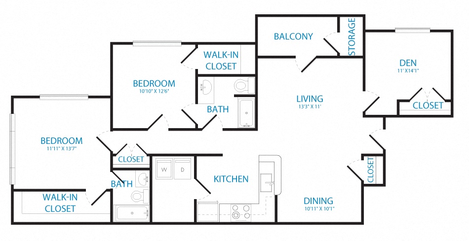 Floor plan for 2 beds, 2 baths, 1225 sqft