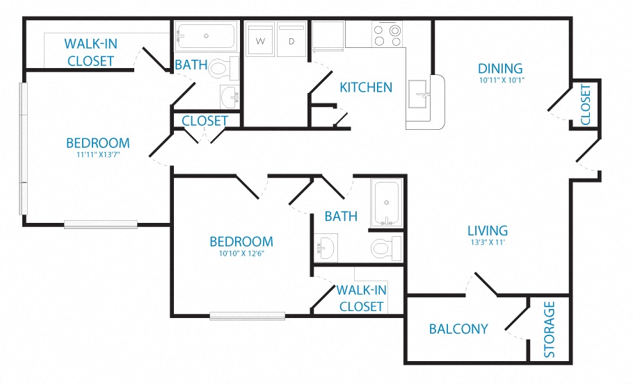 Floor plan for 2 beds, 2 baths, 1089 sqft