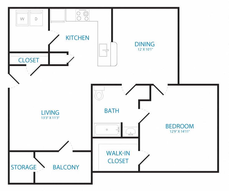 Floor plan for 1 bed, 1 bath, 890 sqft
