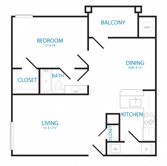 Floor plan for 1 bed, 1 bath, 845 sqft