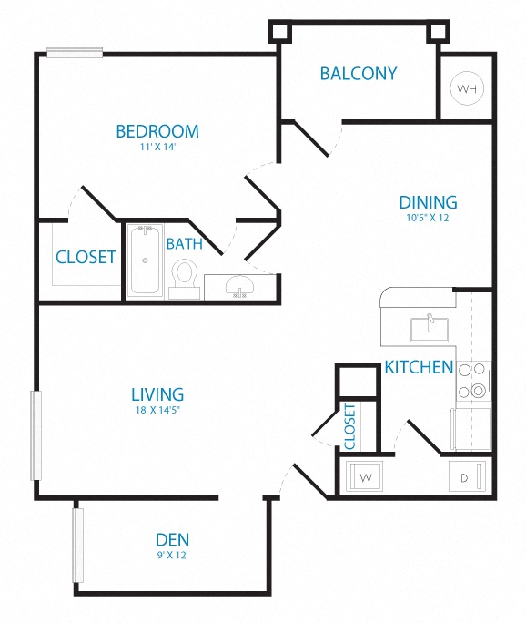 Floor plan for 1 bed, 1 bath, 958 sqft