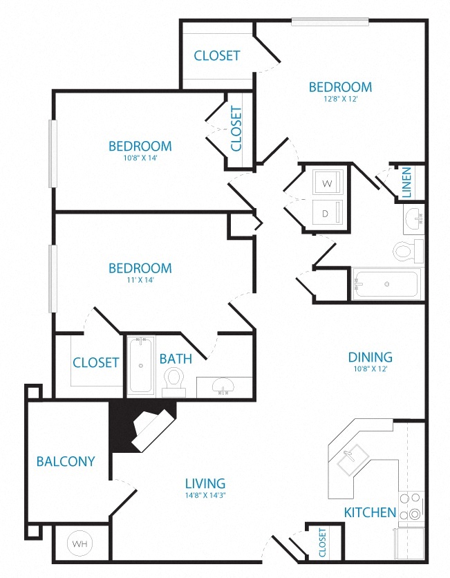 Floor plan for 3 beds, 2 baths, 1296 sqft