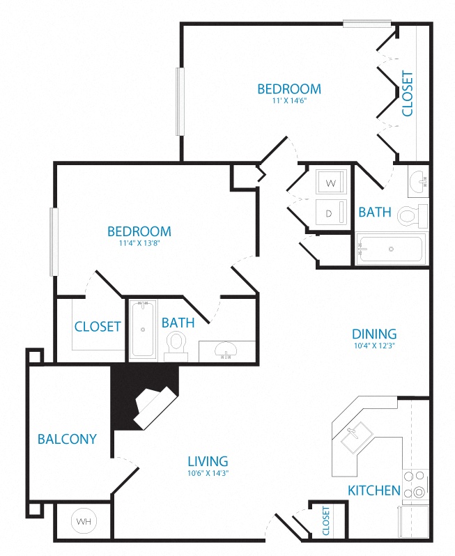 Floor plan for 2 beds, 2 baths, 1099 sqft