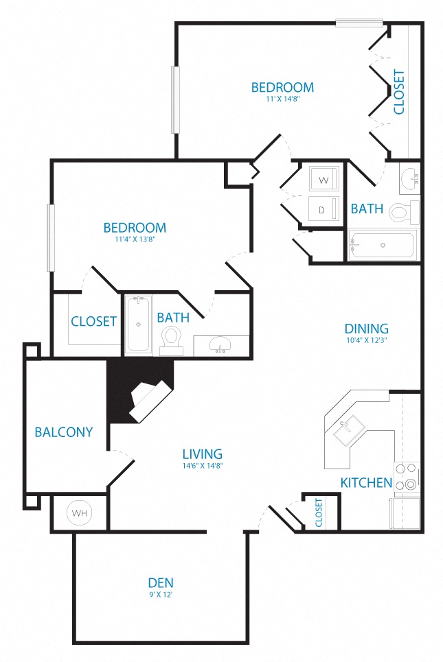 Floor plan for 2 beds, 2 baths, 1215 sqft