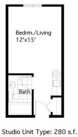 Floor plan for studio, 1 bath, 280 sqft