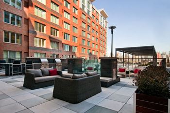 Outdoor fireplace with seating area