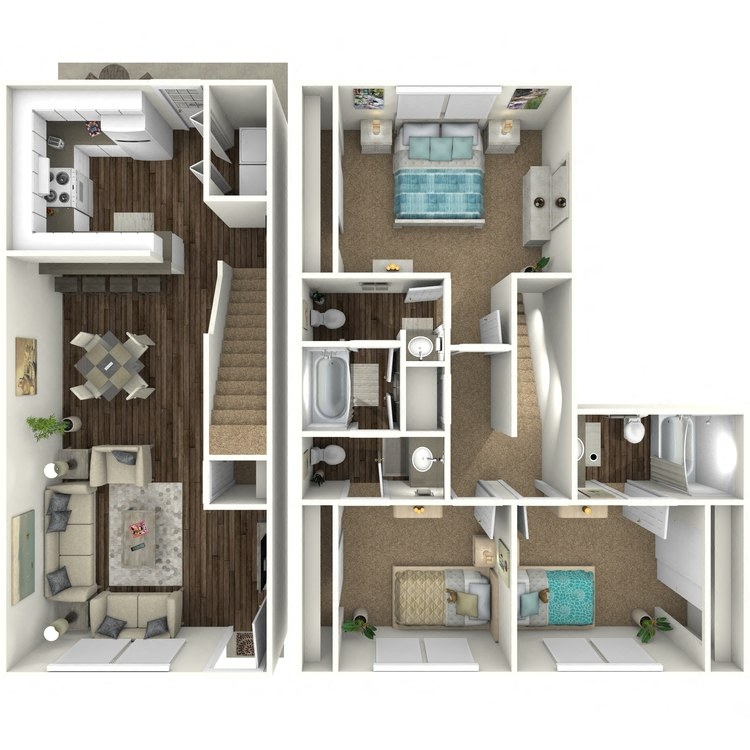 Floor plan for 3 beds, 2.5 baths, 1200 sqft