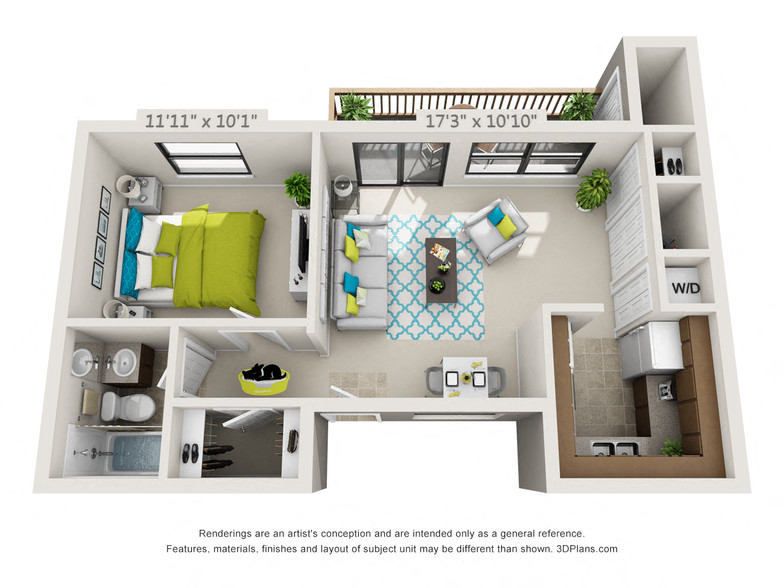 Floor plan for 1 bed, 1 bath, 540 sqft