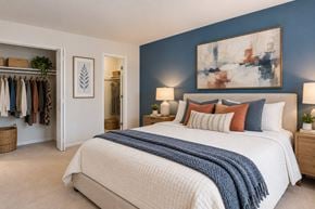 Silver Spring apartment for rent - A bedroom with a large bed and a closet with clothes hanging.