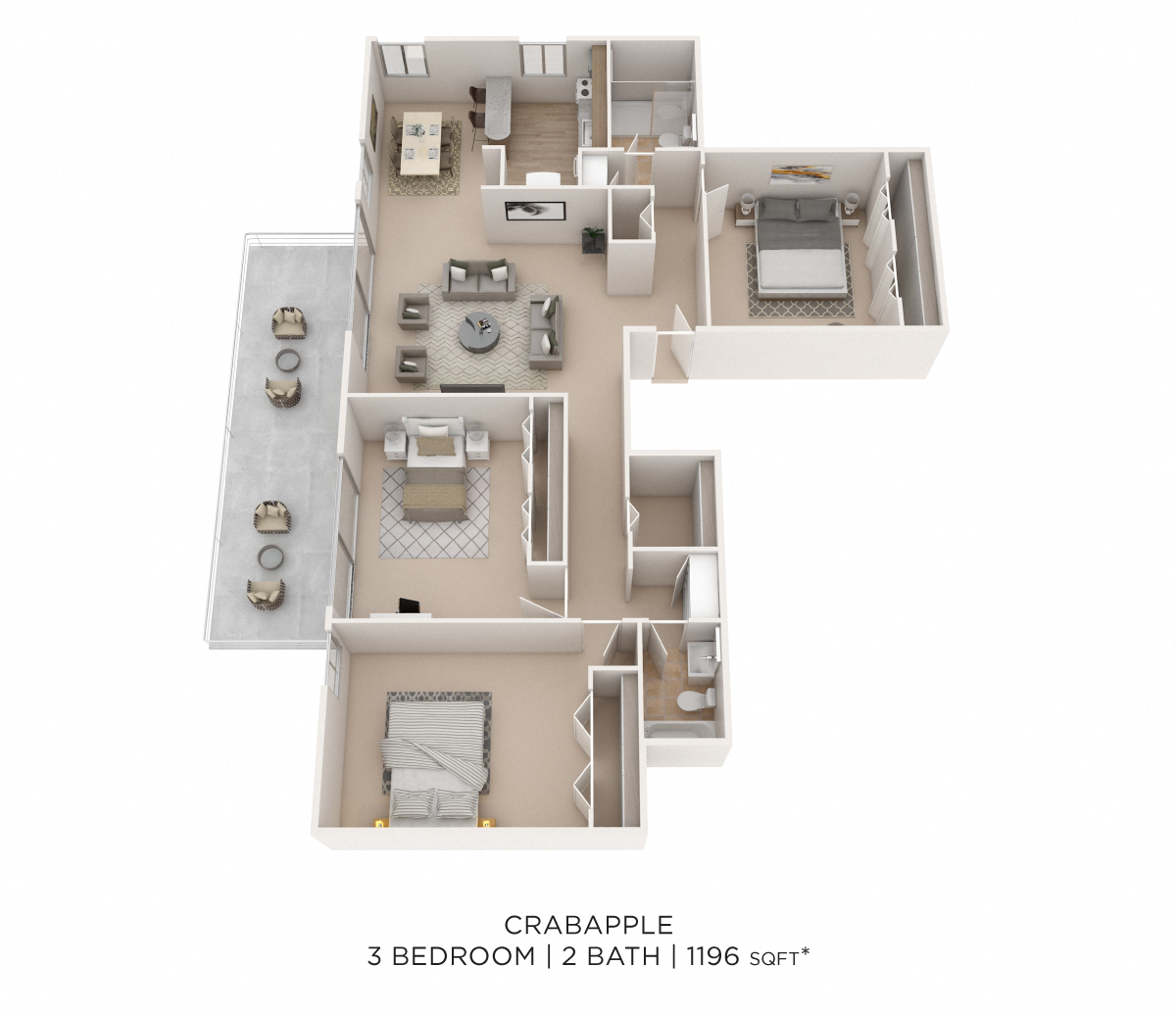Floor plan for 3 beds, 2 baths, 1196 sqft