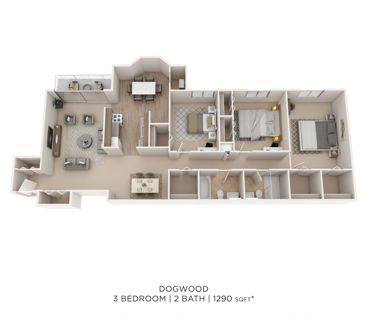 Floor plan for 3 beds, 2 baths, 1290 sqft