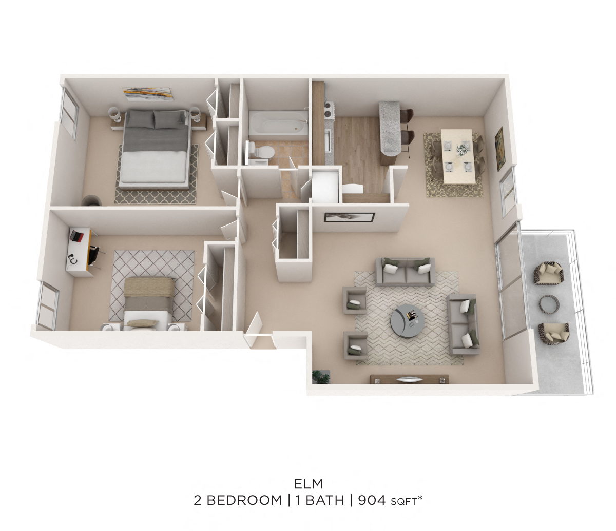 Floor plan for 2 beds, 1 bath, 904 sqft