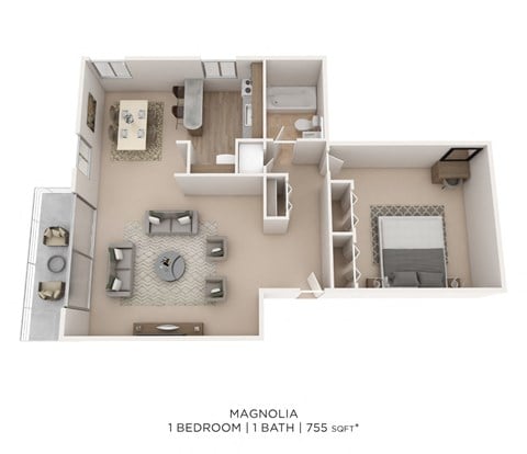 Floor plan for 1 bed, 1 bath, 755 sqft