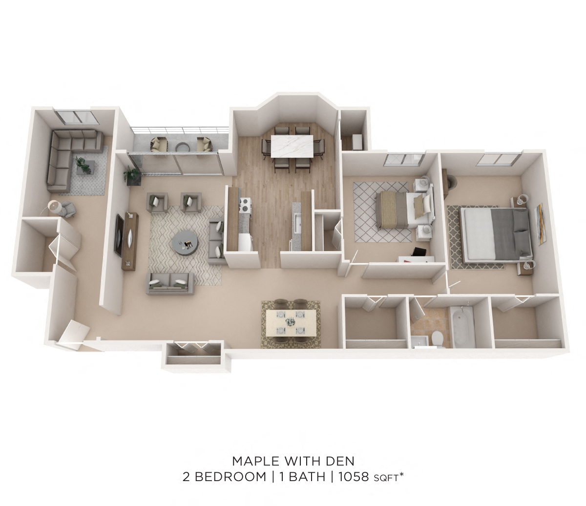 Floor plan for 2 beds, 1 bath, 1058 sqft