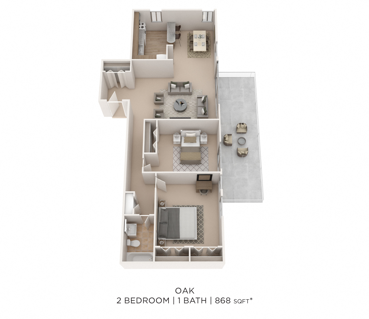 Floor plan for 2 beds, 1 bath, 868 sqft
