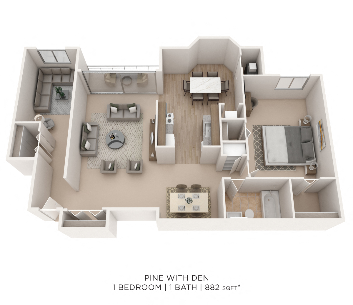Floor plan for 1 bed, 1 bath, 882 sqft