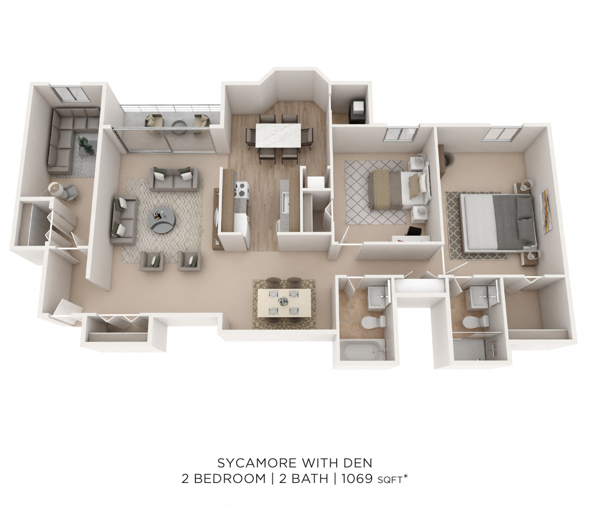 Floor plan for 2 beds, 2 baths, 1069 sqft