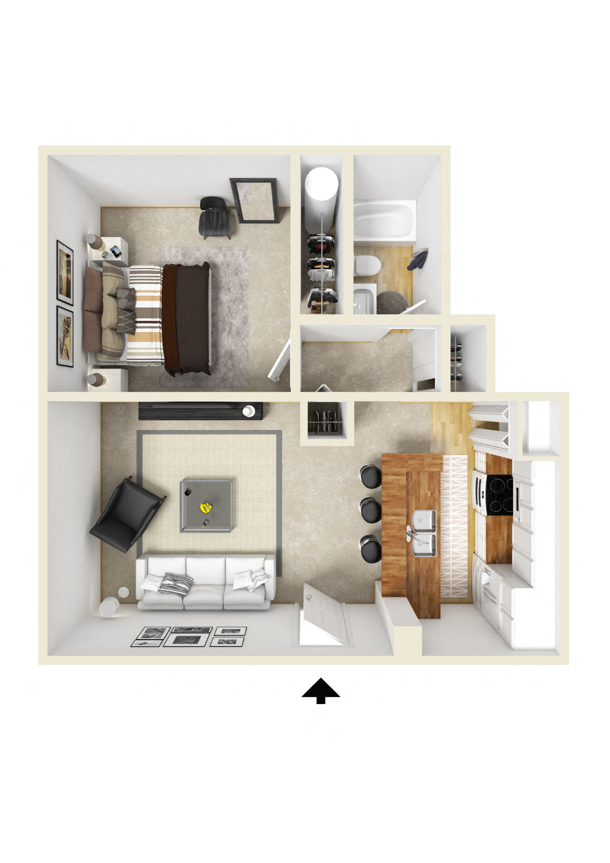 Floor plan for 1 bed, 1 bath, 584 sqft