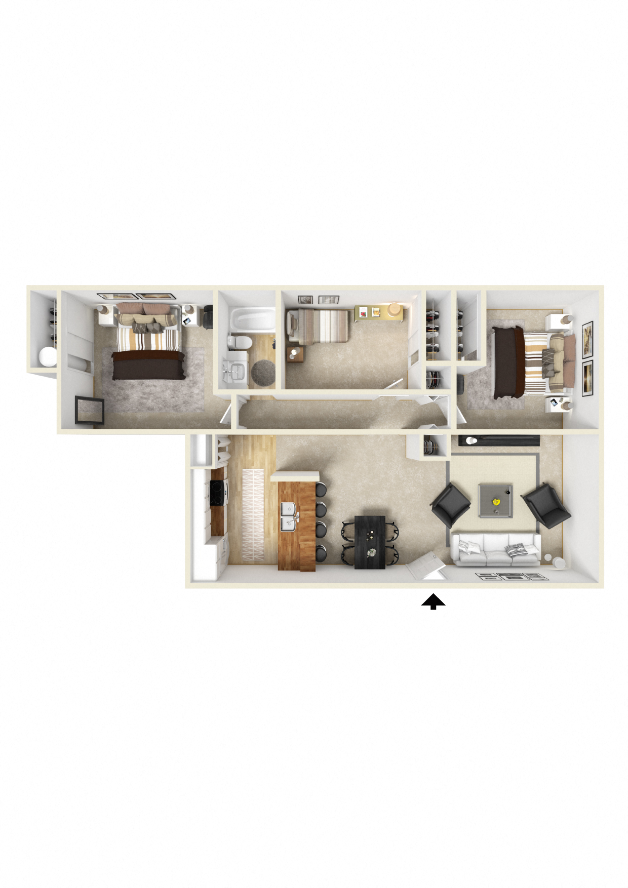Floor plan for 3 beds, 1 bath, 976 sqft